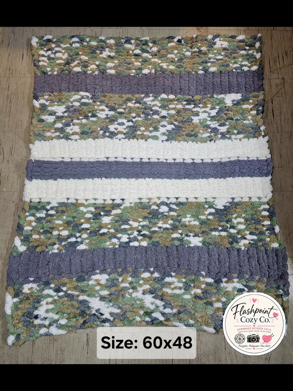 Hand Knitted Green, Gray & Cream Chunky Throw Blanket